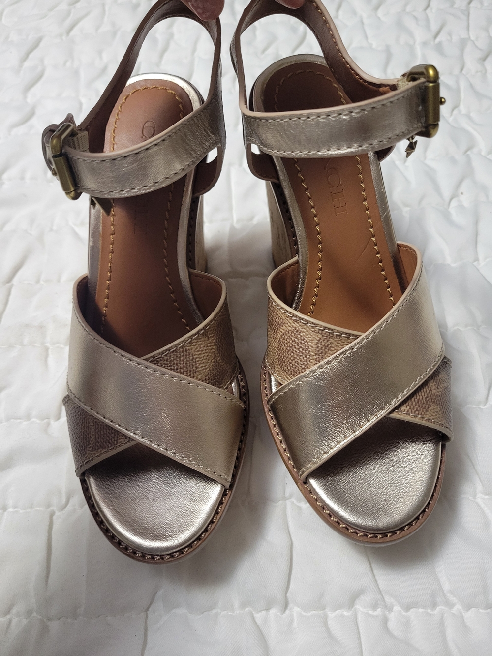 Coach Metallic Taupe Cross-Strap Platform Sandals